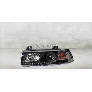E36 (sonar)  Фара левая+правая (КОМПЛЕКТ) тюнинг прозрачная диодная с светящимся ободком,литой указатель поворота (SONAR) (КУПЕ) внутри черная для BMW - E36  3-series