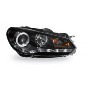 Golf+(devil eyes)  Фара левая+правая (комплект) тюнинг линзованная (DEVIL EYES) с светящимся ободком регулировочным мотором  (JUNYAN) внутри черная (Junyan) для Volkswagen Golf - VI